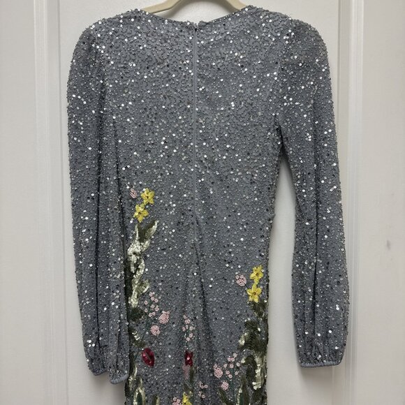 Mac Duggal Size 4 Gray 5542 Floral Sequin Beaded Maxi Formal Gown Dress - Picture 11 of 12